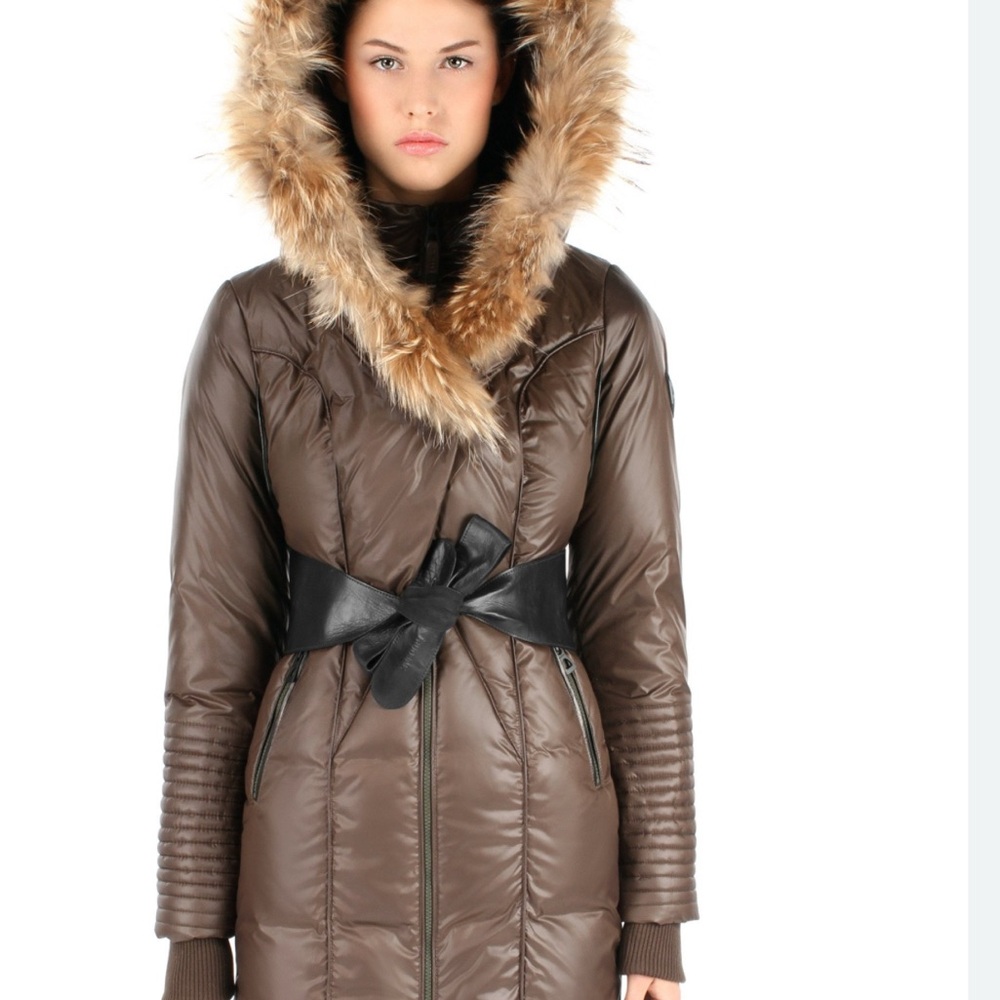 RUDSAK Cream and Brown Puffer Coat with Belted Waist